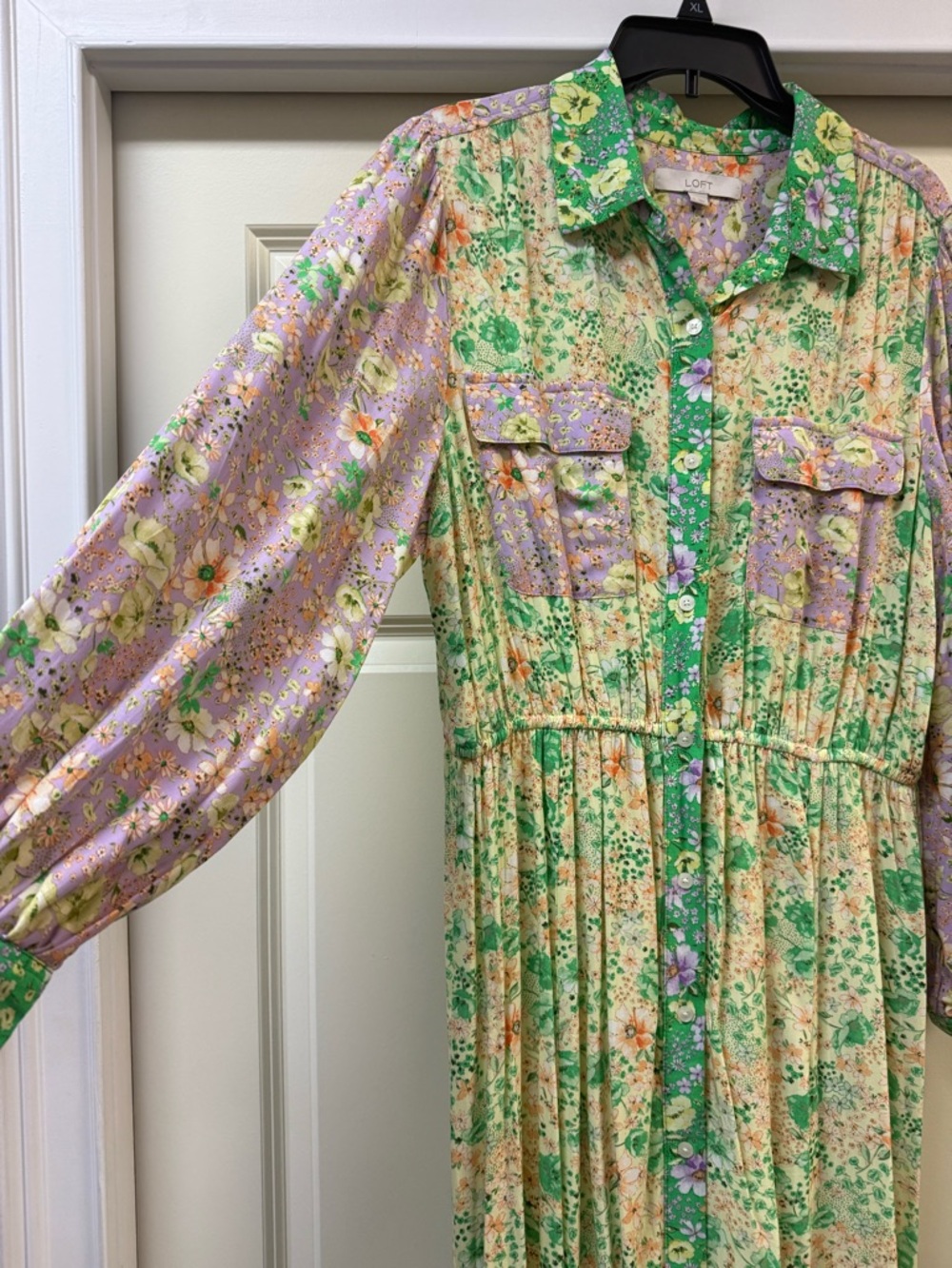 LOFT Green and Lavender Floral Button-Up Dress - Picture 2 of 7